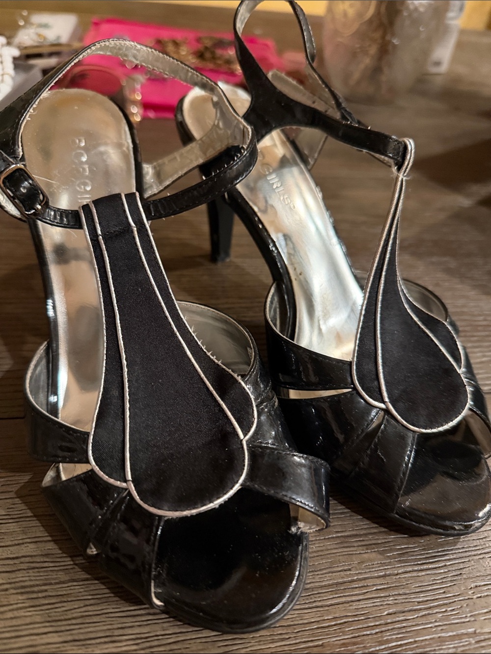 BCBG Black Patent T-Strap Heels with White Piping